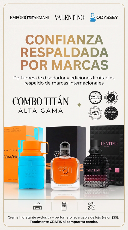 COMBO TITÁN | Armaf Odyssey Mandarin Sky | Stronger With You | Valentino Uomo Born in Roma | 100 ML